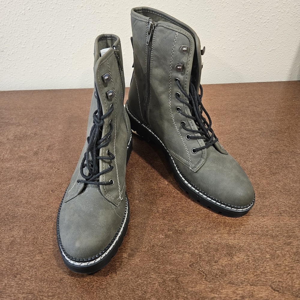 XOXO Pascala Womens Combat Boots Olive Grey Lace Up Side Zip Lug Sole Size 9.5M